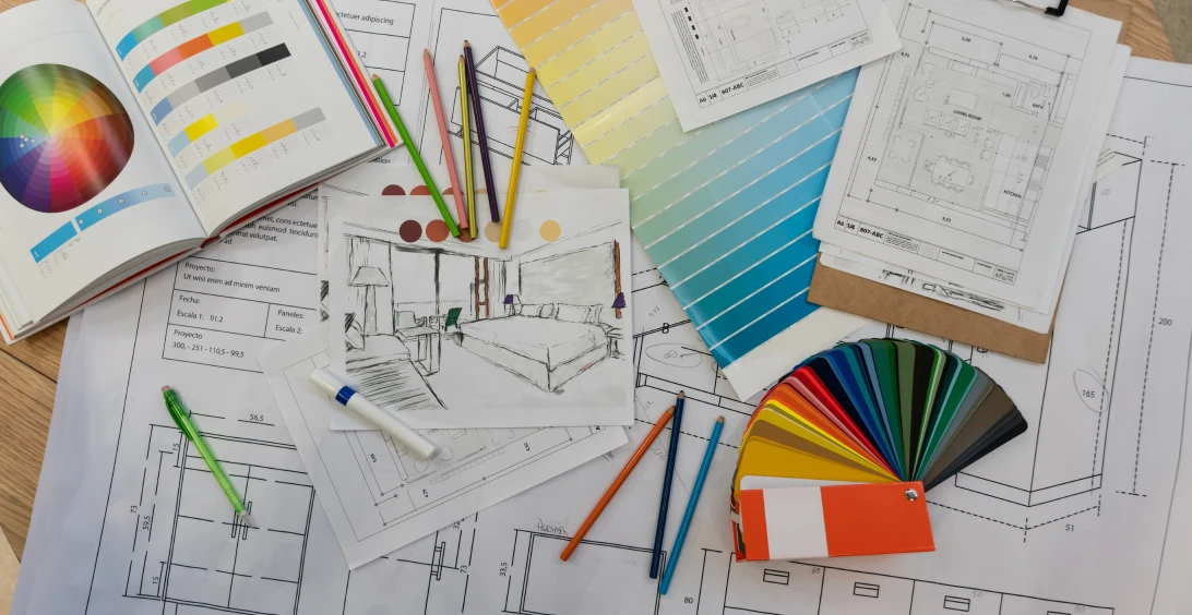 Architectural plans with colored pencils