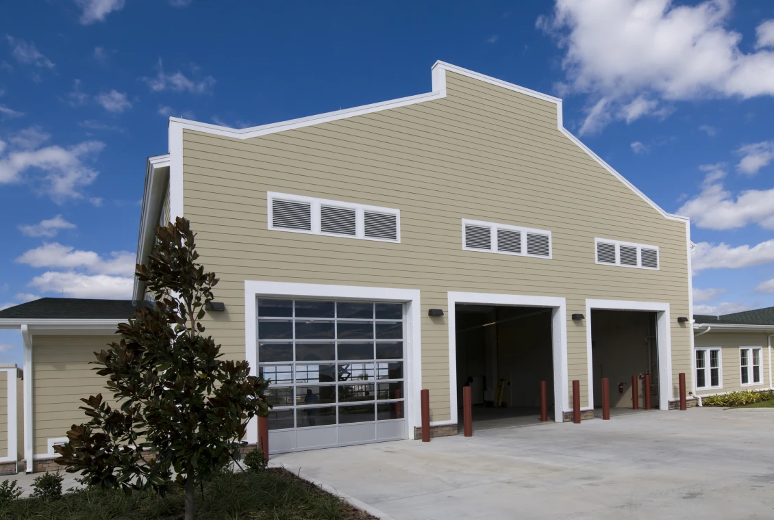 Beige warehouse with garage doors